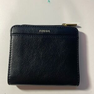 Fossil Black Leather Zip Card Wallet with Gold Hardware